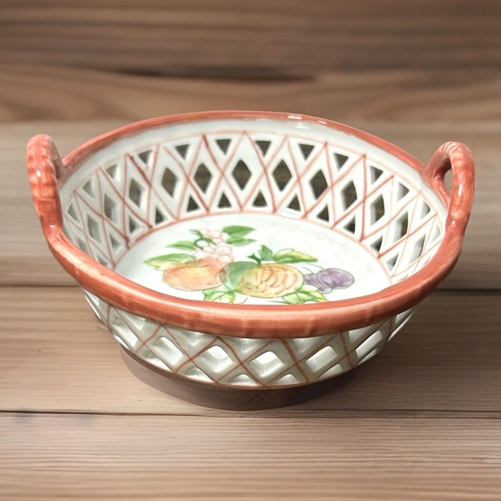 AA Importing Fruit Bowl Thailand Ceramic Reticulated Lattice Hand Painted White